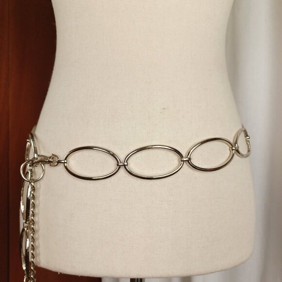 Vintage Y2K Silver Chain Belt, Oval Rings, Fits to 37+ Inches - Picture 1 of 10